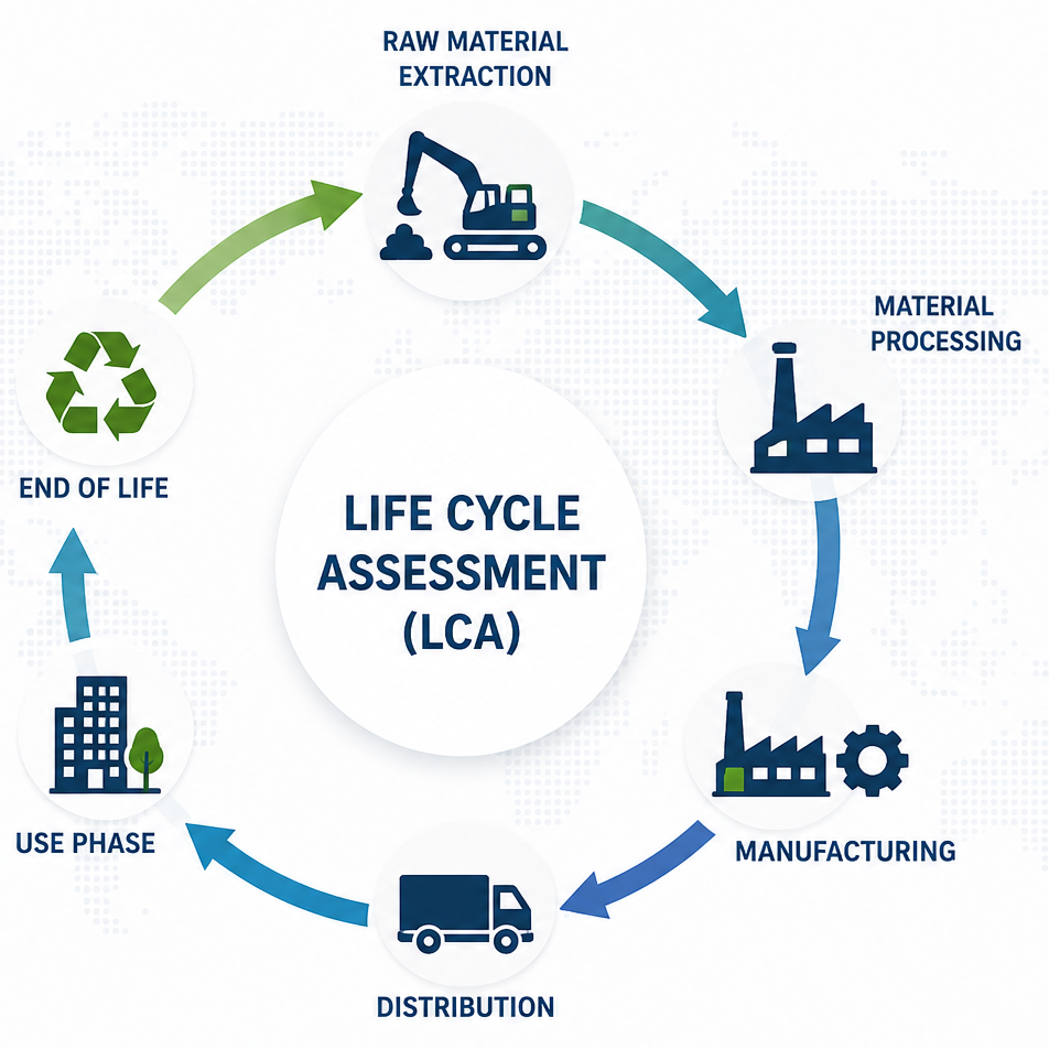 EPD and Life Cycle Assessment (LCA) diagram illustrating product life cycle stages from raw material extraction to recycling and end of life.
