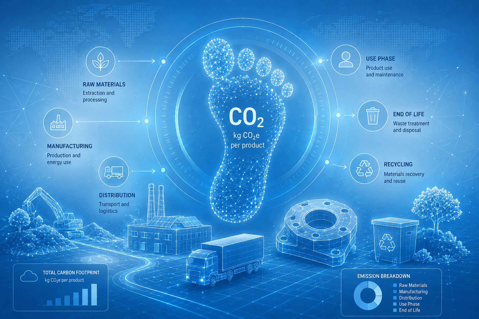 Industrial Product Carbon Footprint assessment with CO₂ emissions analysis across the product life cycle.